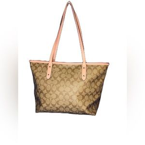 Coach City Tote Signature Canvas with Pink Trim